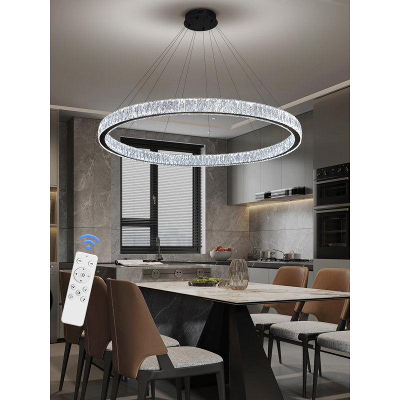 Luminaire suspendu en cristal noir à DEL 48 pouces à grand anneau lumineux pour salle à manger