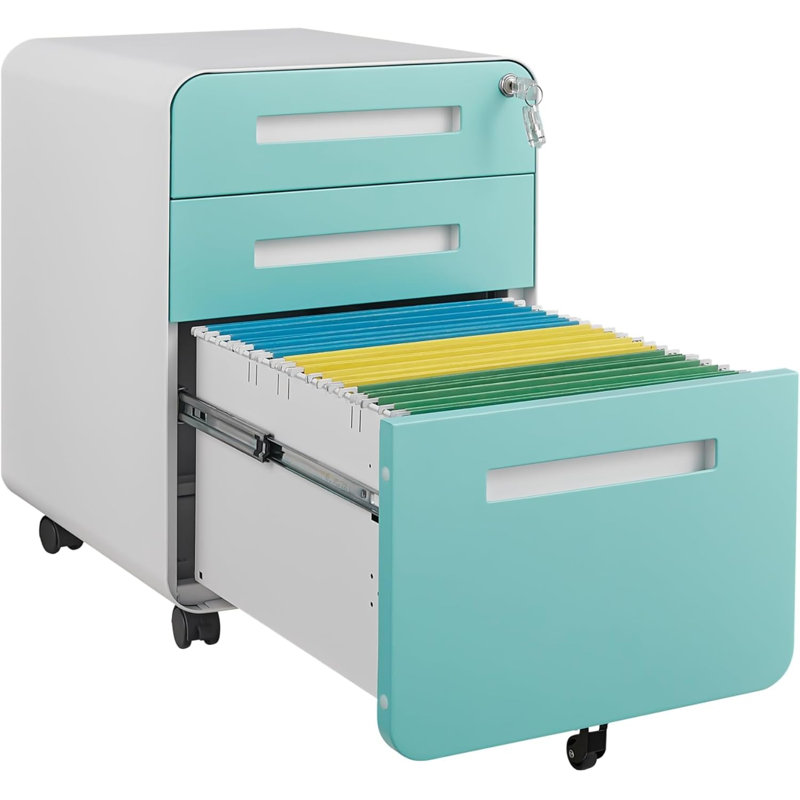 3-Drawer Mobile File Cabinet with Lock and Wheels, Rolling Office Organizer, Blue/White