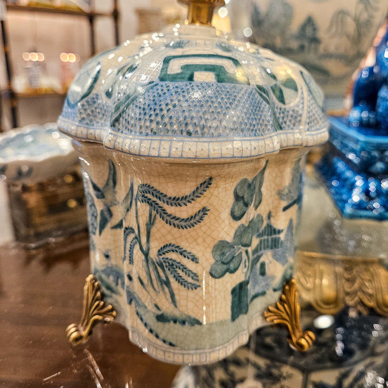 Porcelain Willow Pattern Lidded Box with Bronze Feet