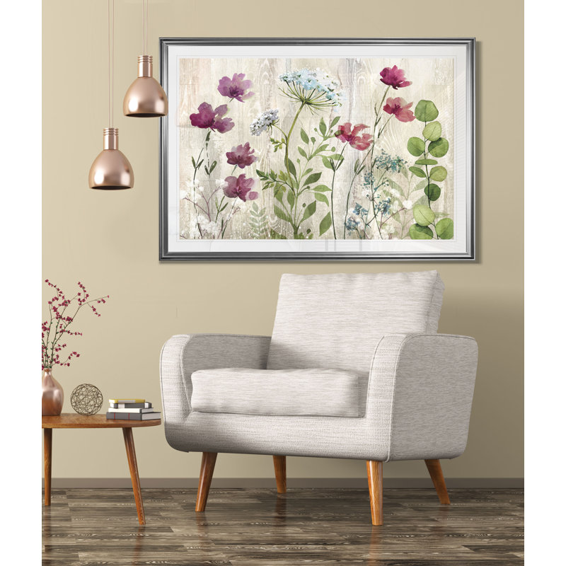 « pré fleur », reproduction d’impression, H 22 po x l 30 po x P 1,5 po, Cadre argenté