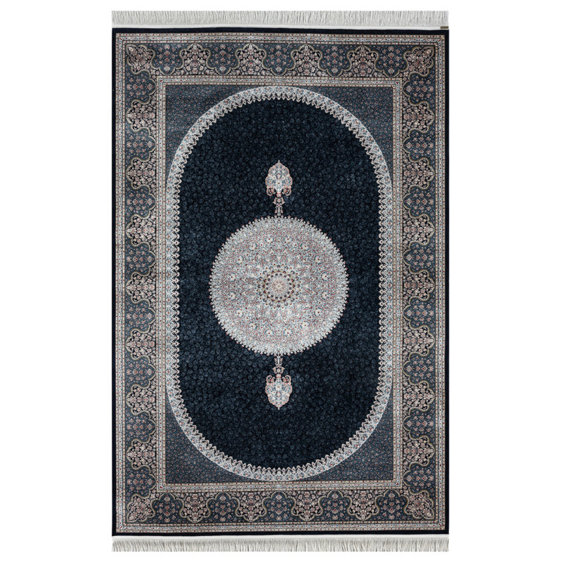 Minyatur Navy Medallion Area Rug – Traditional Woven Viscose Carpet, Low-Pile Vintage Look for Living Room, Bedroom & Hallway
