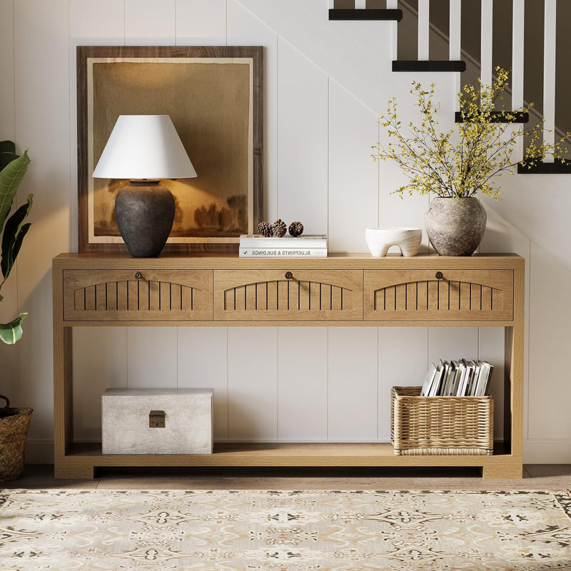 70.8-Inch Long Console Table With 3 Drawers, Farmhouse Narrow Entryway Table For Hallway, Entry, Behind Couch, Sofa, Entrance, Living Room, Foyer With 2-Tier Shelves, Light Brown