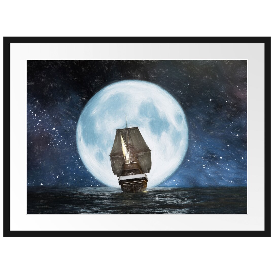 Gerahmtes Poster Segelschiff bei Vollmond