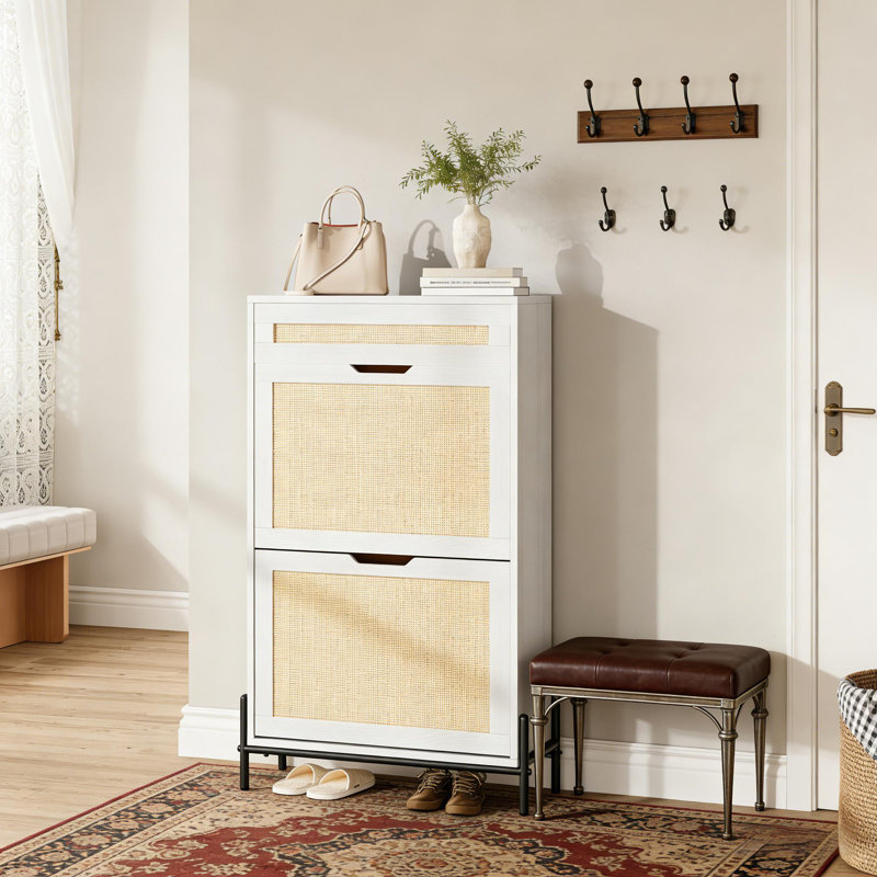 Freestanding Rattan Shoe Cabinet with 2 Fold-Down Drawers for Entryway, Hallway, White
