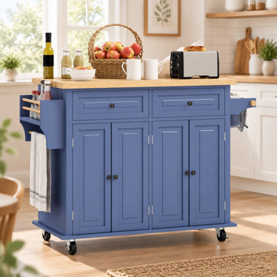 Îlot de cuisine mobile de 110,5 cm (43,55 pouces) sur roulettes, plateau en bois massif, bleu marine, avec rangements, tiroirs, étagères réglables et porte-serviettes.