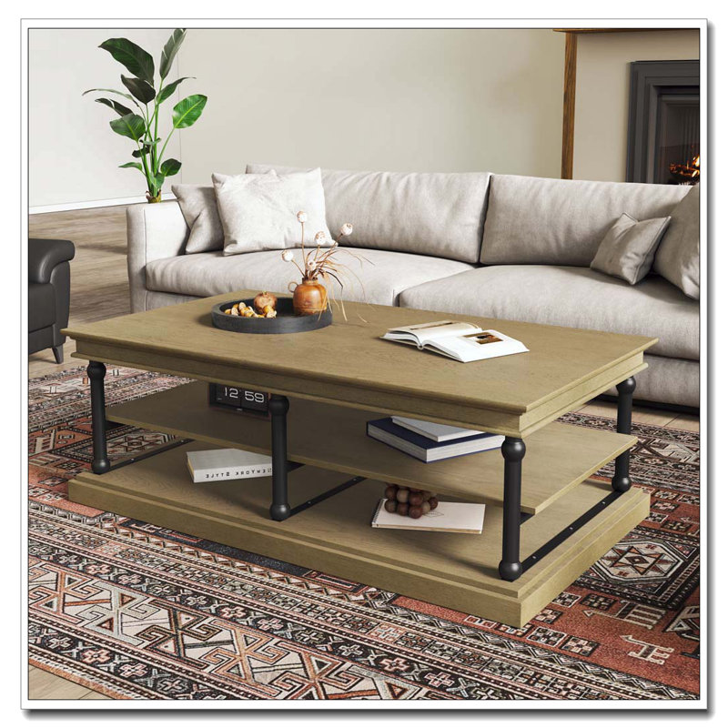 Table basse en bois 55,1 "avec pieds noirs, 2 tablettes de rangement ouvertes, Noir brun, Brun