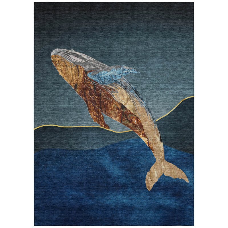 Tapis bleu intérieur / extérieur lavable à la machine Xhevrie, Rectangle 9 pi x 12 pi