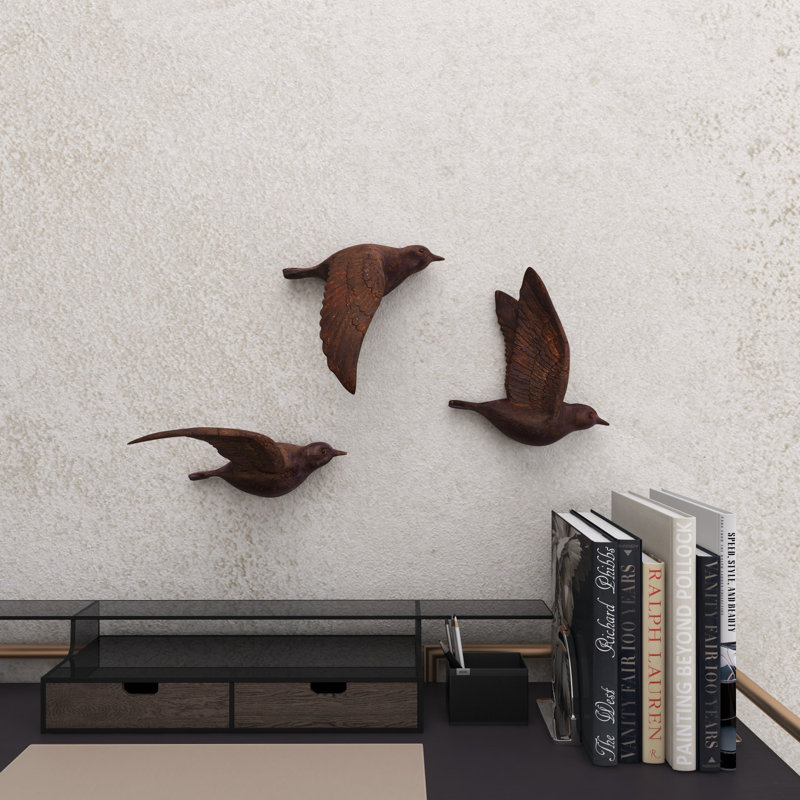 Polystone Metallic 3D Floating Bird Home Wall Decor Set of 3, 11" H X 10" W X 10" D, Brown