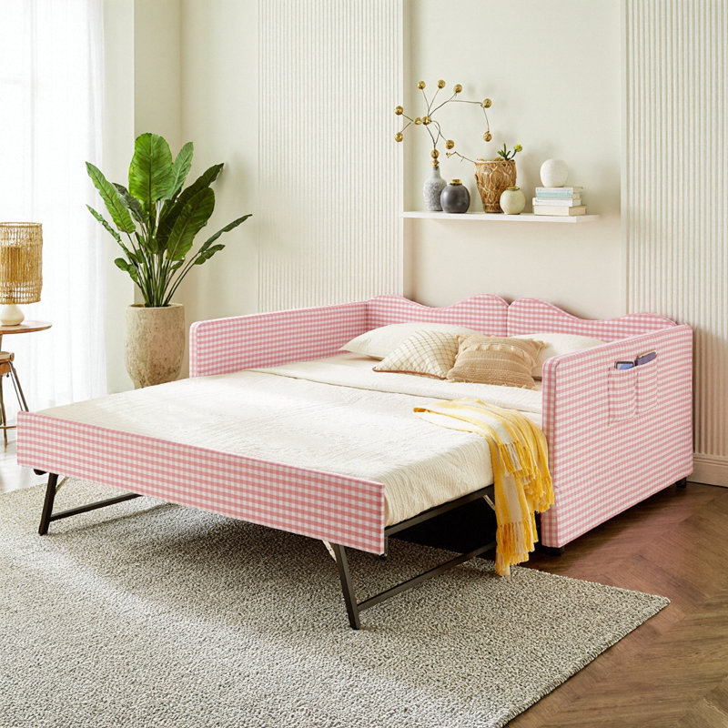 Lit de jour rembourré avec couchette Harper, poche de rangement latérale Harper, Full, Pink