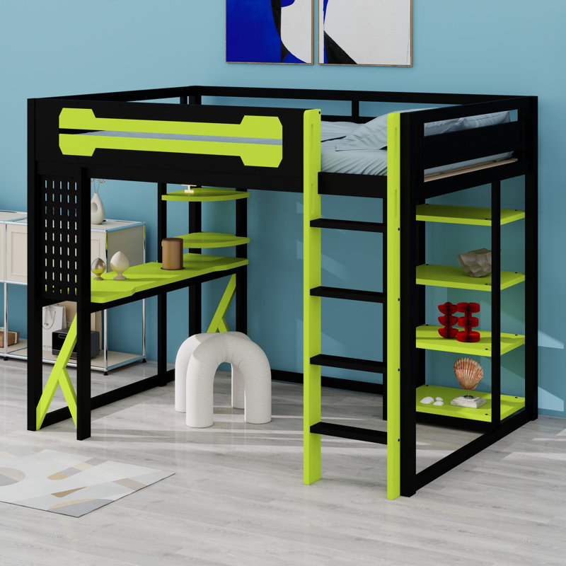 Modern Loft Bed Featuring A Built In Desk, Shelves, Black/Green