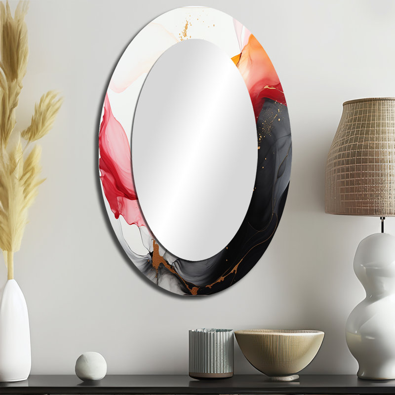 Wild Promises Abstract Gold Wave Pink And Black I - Modern Oval Wall Mirror, 36" x 24"