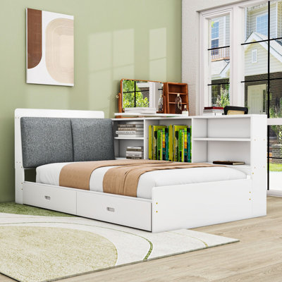 Lit plateforme simple en bois avec plateau de rangement rotatif, tiroirs et tablettes intégrées