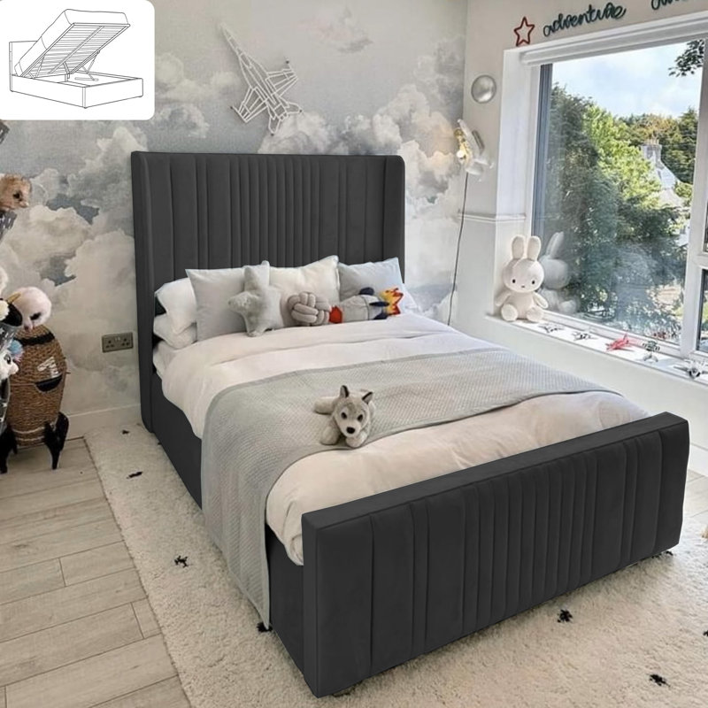Morio Upholstered Bed - Wingback Ottoman Storage with Plush Velvet Gas Lift, Black