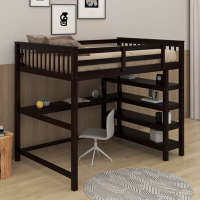 Lit mezzanine double avec tablettes et bureau