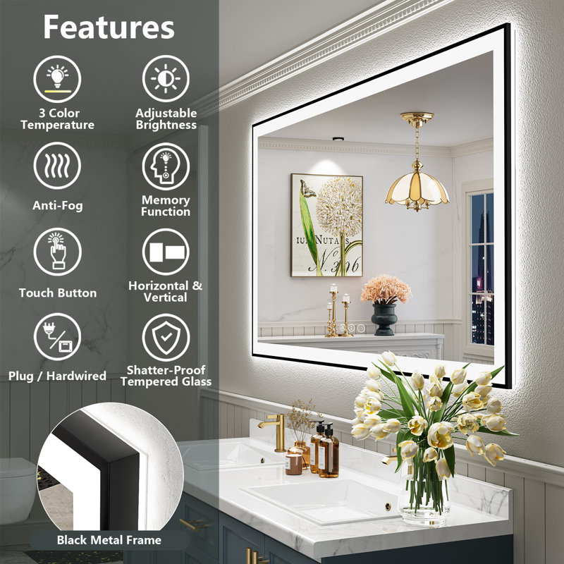 Tyeishia Matte Black Matel Framed LED Bathroom Mirror with Front-lit and Back-lit, Memory Function, 3 Color Temperatures & Dimmable Light, Anti-fog Tempered Glass
