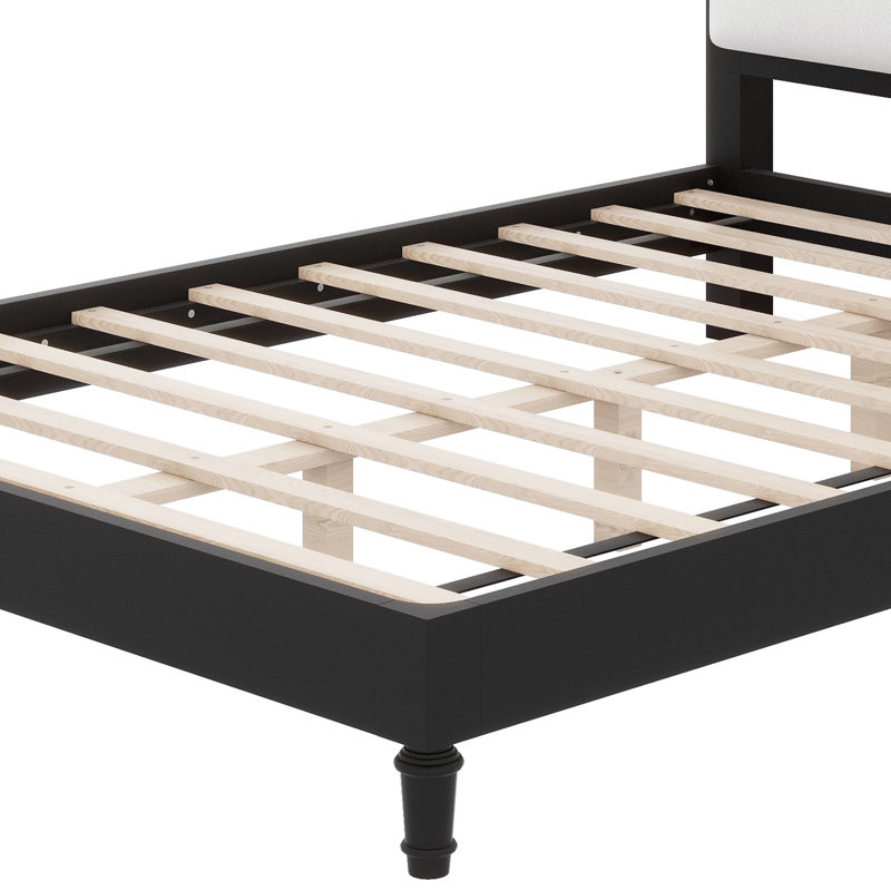 Platform Bed Frame with Headboard, Black Frame+White Fabric