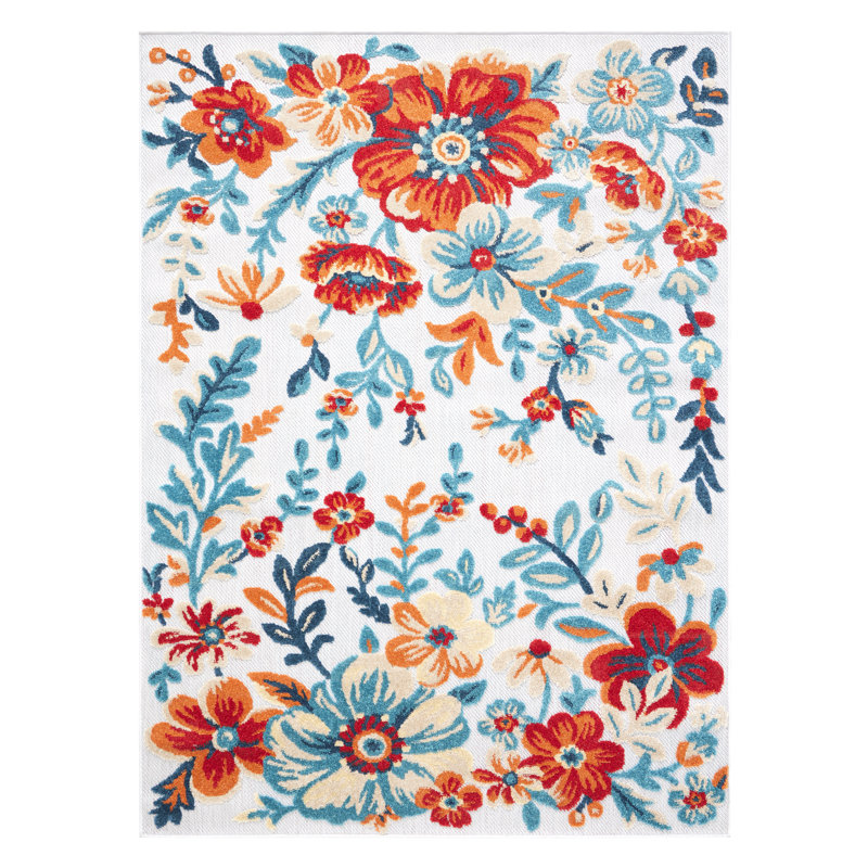 TOWN & COUNTRY EVERYDAY Hibiscus Bloom Modern Floral Outdoor Rug Ivory/Red/Blue, Rectangle 3'11" x 5'2"