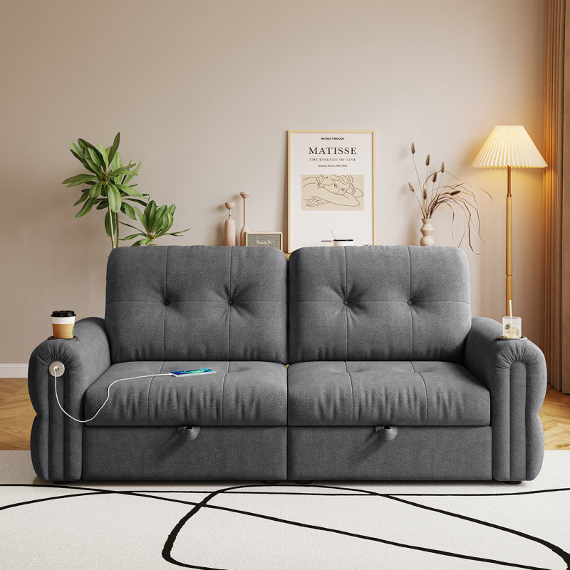 Canapé-lit modulaire en L en chenille gris avec rangement et port USB