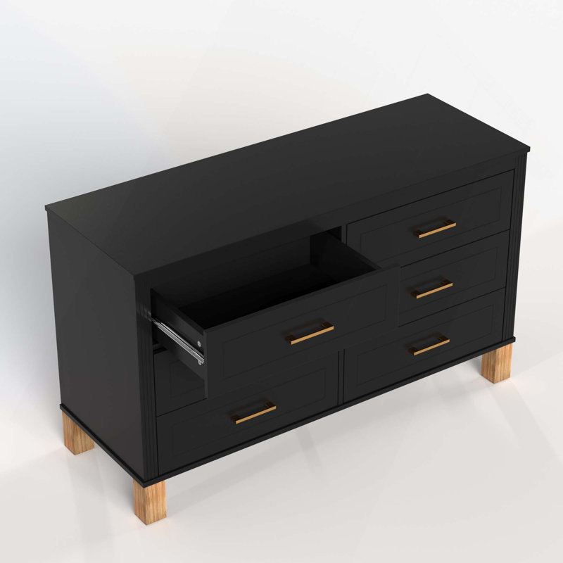 Commode de rangement moderne à 6 tiroirs avec poignées en métal et pieds en bois massif pour chambre d'enfant, Noir