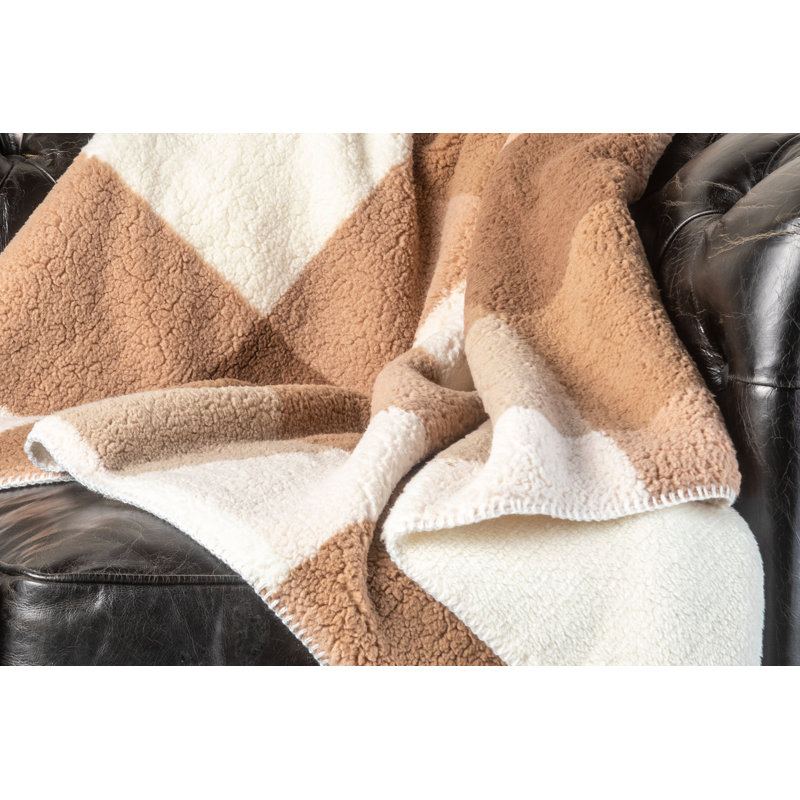 Taupe Plaid Reversible Sherpa Fleece Throw Blanket 50x60
