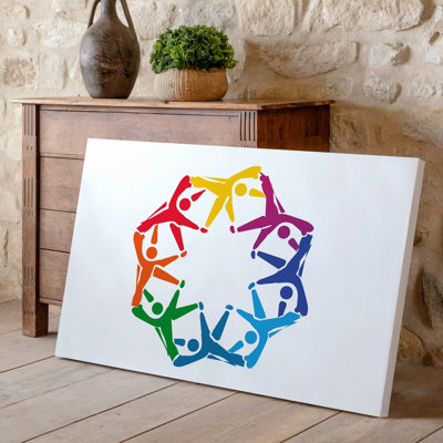 La toile crée une illustration circulaire vibrante mettant en vedette des personnages humains stylisés dans une variété de couleurs, y compris l'art mural sur toile rouge-orange