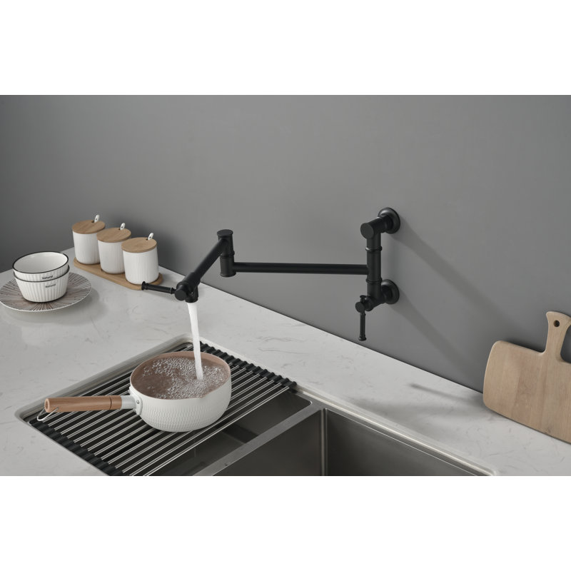 Modern Brass Wall Mount Folding Kitchen Pot Filler Faucet With Swing Arm | Gift Idea, Lever Handle, Matte Black