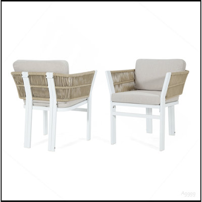 Ensemble de 2 chaises de salle à manger d'extérieur, structure en aluminium blanc avec coussin beige, capacité de 300 lb, sièges de patio toutes saisons pour la cour, la terrasse et le jardin