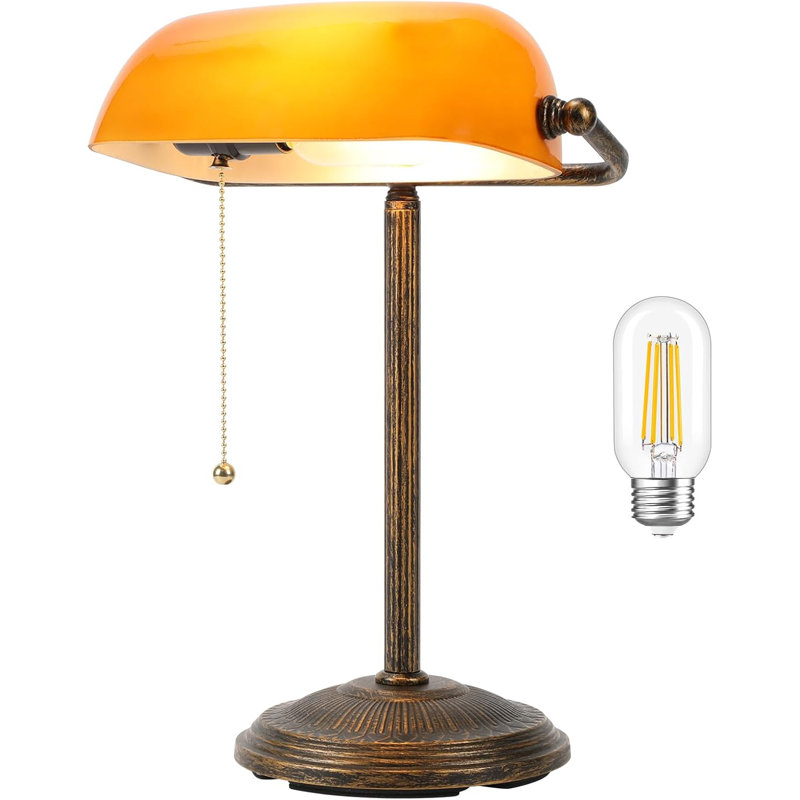 Bankers Desk Lamp With Amber Glass Shade, Vintage Pull Chain Switch, Retro LED Table Lamp For Home Office