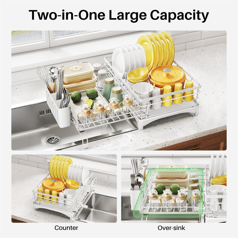 Séchoir à vaisselle extensible pour comptoir de cuisine, White