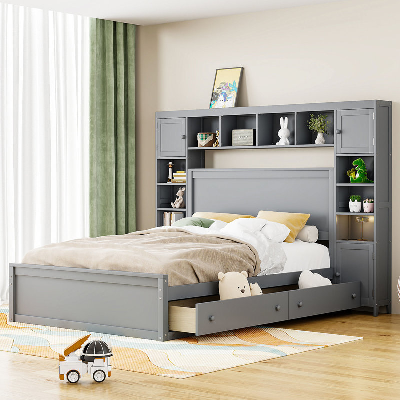 Grand lit séduisant avec une armoire, une tablette et une douille - Combinaisons intégrées fiables et grises, Grand lit, Gris