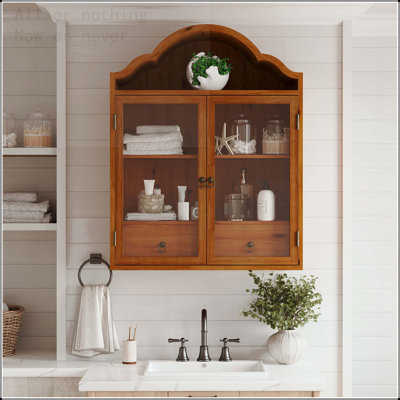 Vintage Rustic Solid Wood Wall Cabinet with Wave Top