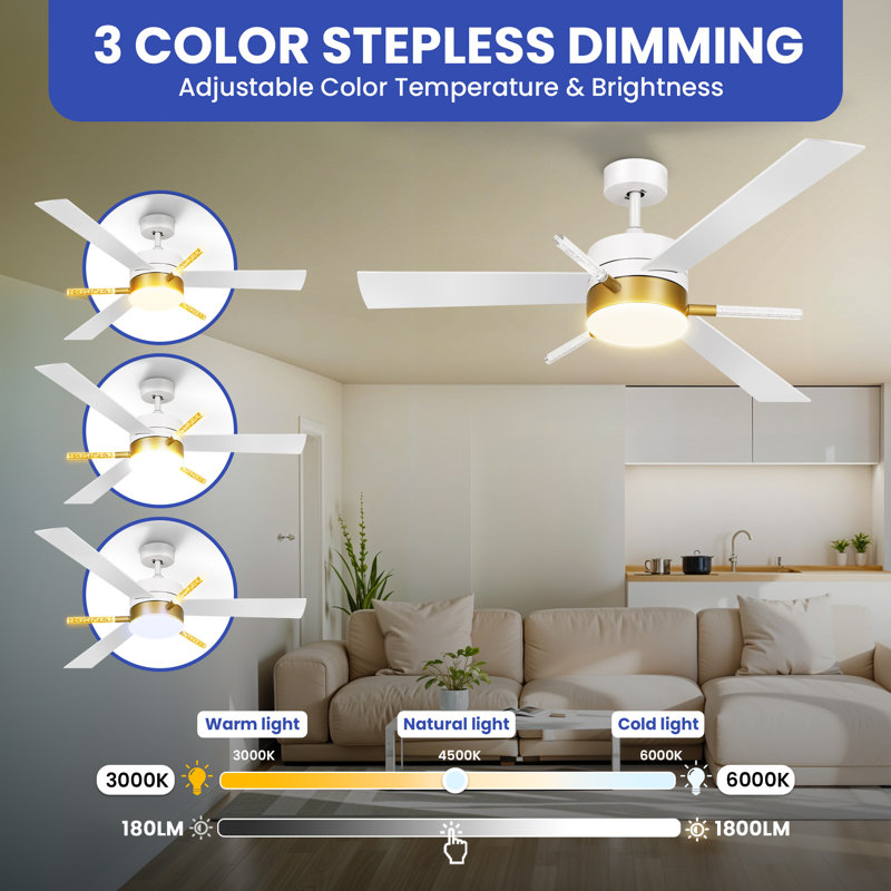 Graceanne 60'' Ceiling Fan with LED Lights, White/Gold