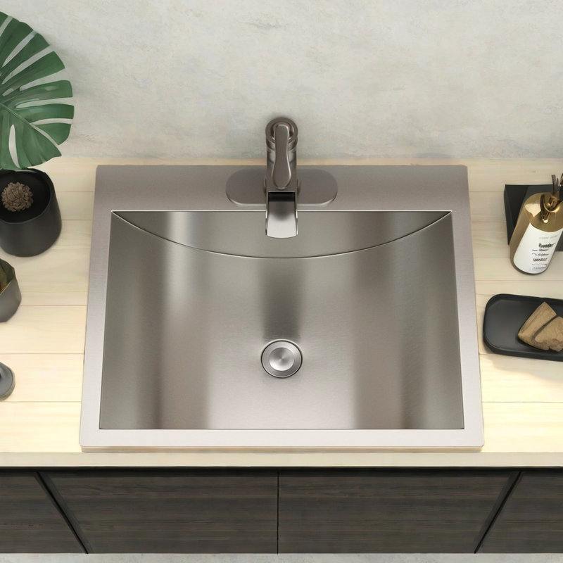 Lavabo de salle de bain en acier inoxydable 21 po x 17 po avec bonde escamotable et surface élégante résistante