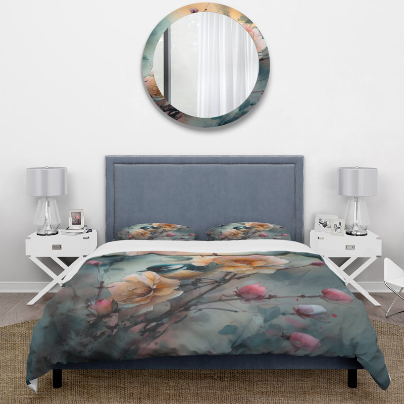 Ensemble de housse de couette en microfibre / polyester Blue Little Bird On Rose Tree Banch I