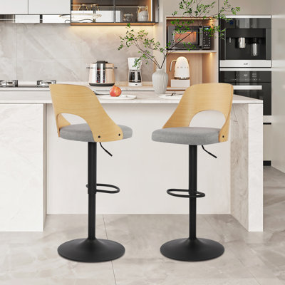 Beech Wood Middle Back Bar Stools Height Adjustable Bar Chairs With Footrest, Set Of 2