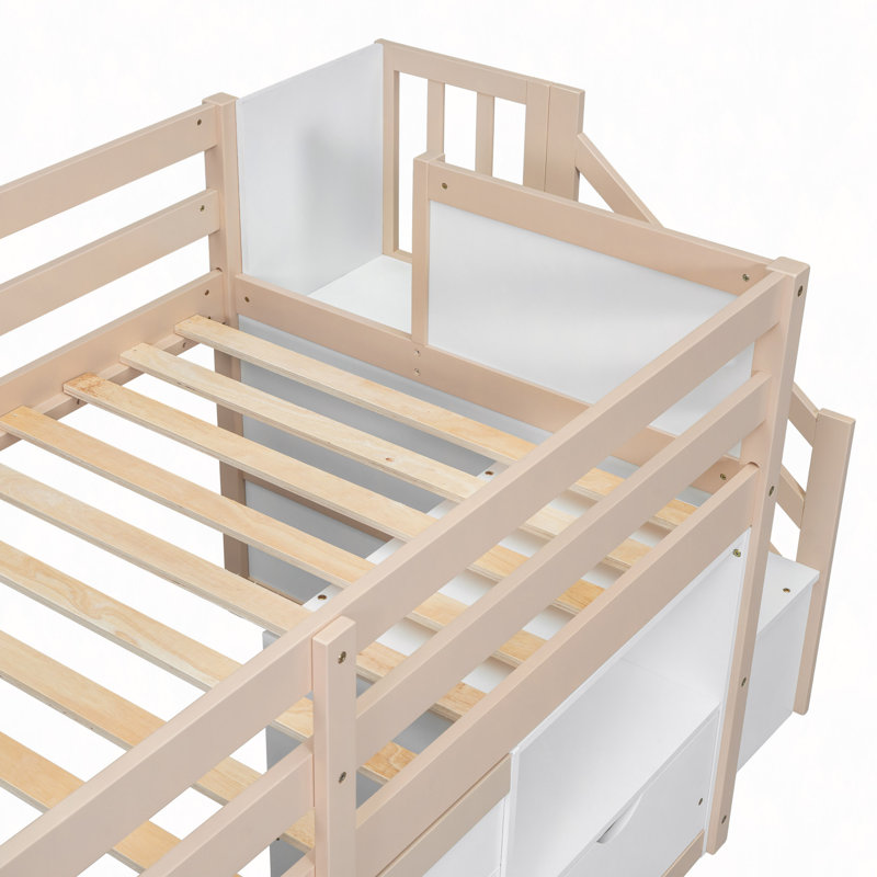 Solid Wood Low Loft Bed With Stair, Drawer, And Shelf, Cream/White