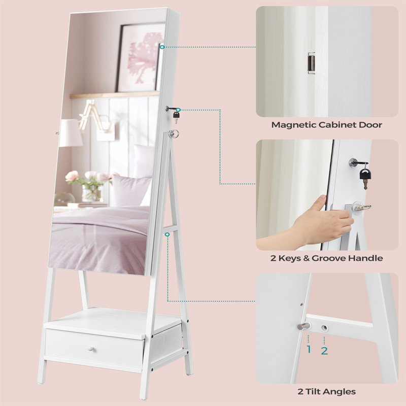 Rustic Brown Jewellery Armoire With Mirror And Bottom Drawer For Women - Large Storage, Built-In Mirror Lights, Extra Storage Outside - Ideal For Face Makeup - 14.6''D X 16.3''W X 61.8''H