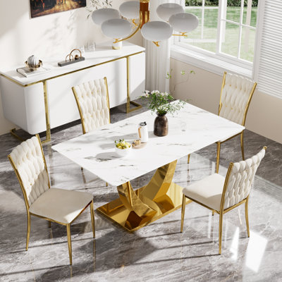 Elegant 63" Morden Faux Marble Dining Room Table Set