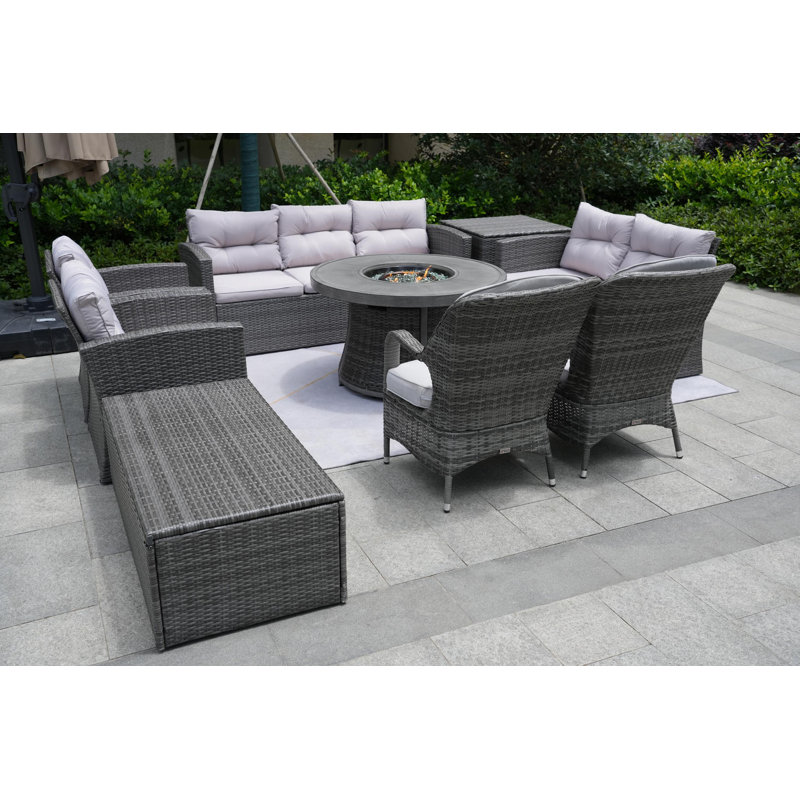 Ensemble de conversation en osier / rotin pour 9 personnes avec coussins Areefa, Gris