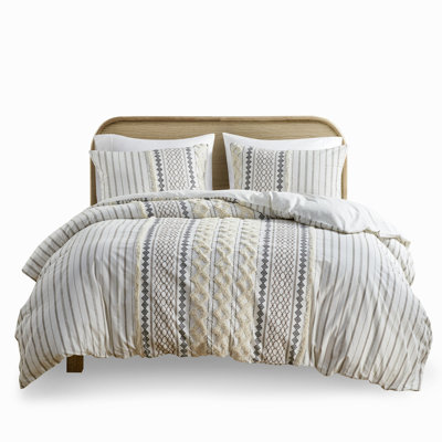 King/ King 100% Cotton Duvet Cover With Chenille Tufting - Geometric Prints, 4 Corner Ties, Sleep Well Global Inspired Designs, Buttoned, 2 Pillow Shams