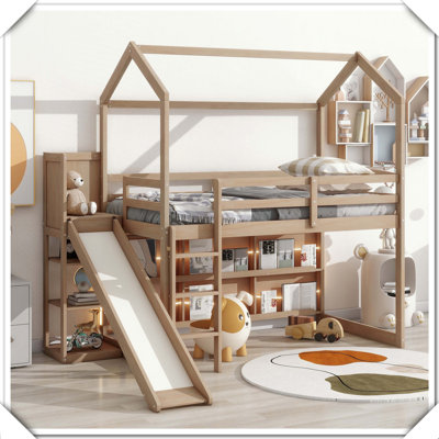 Wood House Loft Bed Slide Storage Shelves Light Climbing Ramp Design,Twin