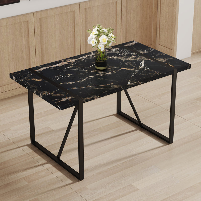 55" Modern Industrial Rectangle Dining Table for Small Spaces, Black Top / Black Base, 30"H x 55"L x 31.5"W