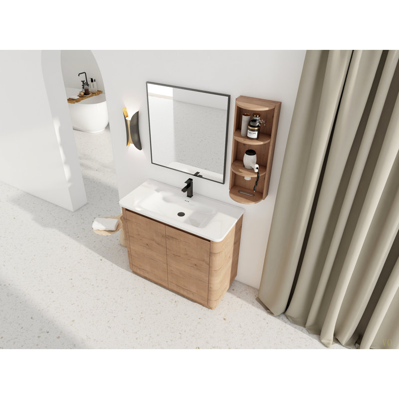 Meuble-lavabo autoportant de 40 po avec lavabo en céramique, 2 portes à fermeture douce et support de rangement, emballage KD, contreplaqué