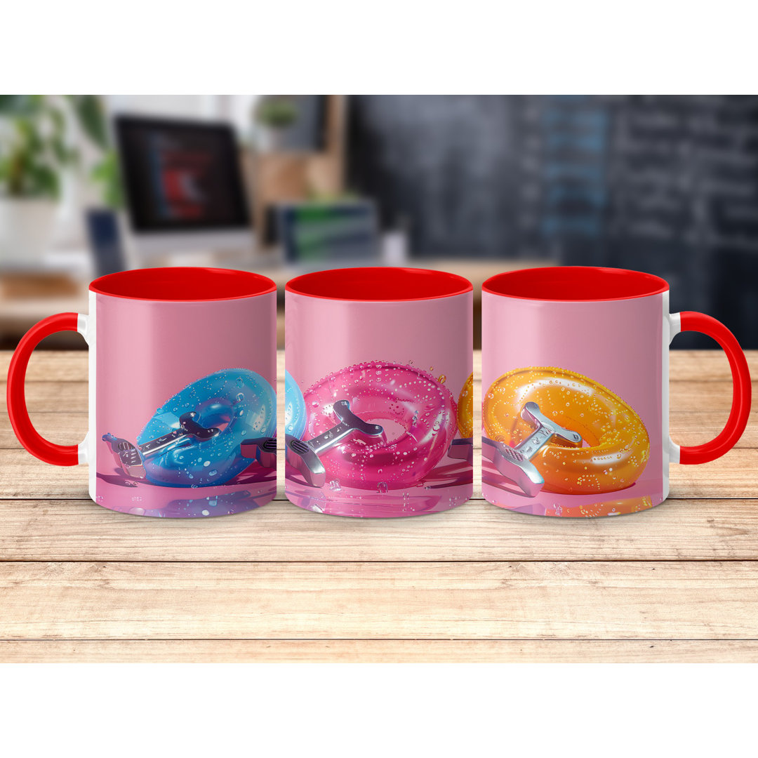 Set of 3 Colourful 3D Design 11oz Accent Mugs – White Ceramic Coffee Cups with a Red Handle and Interior
