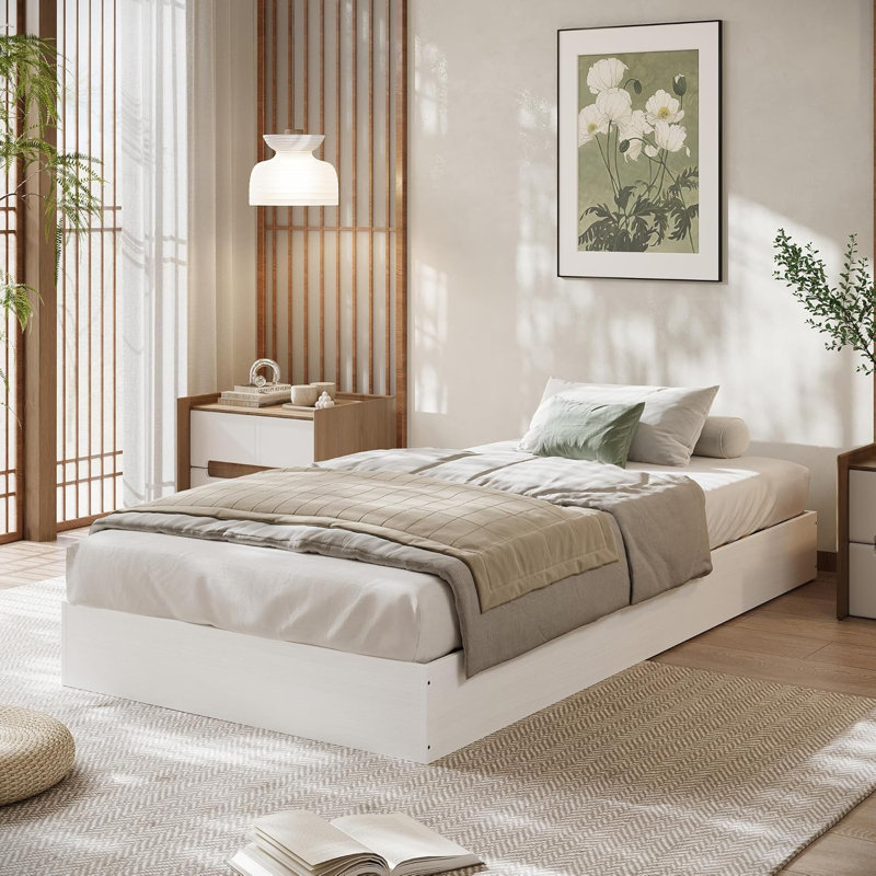 Platform Bed Frame, Solid Wood Slat Construction, Twin XL Size Floor Bed, Modern Minimalist Bedroom Use, Twin XL