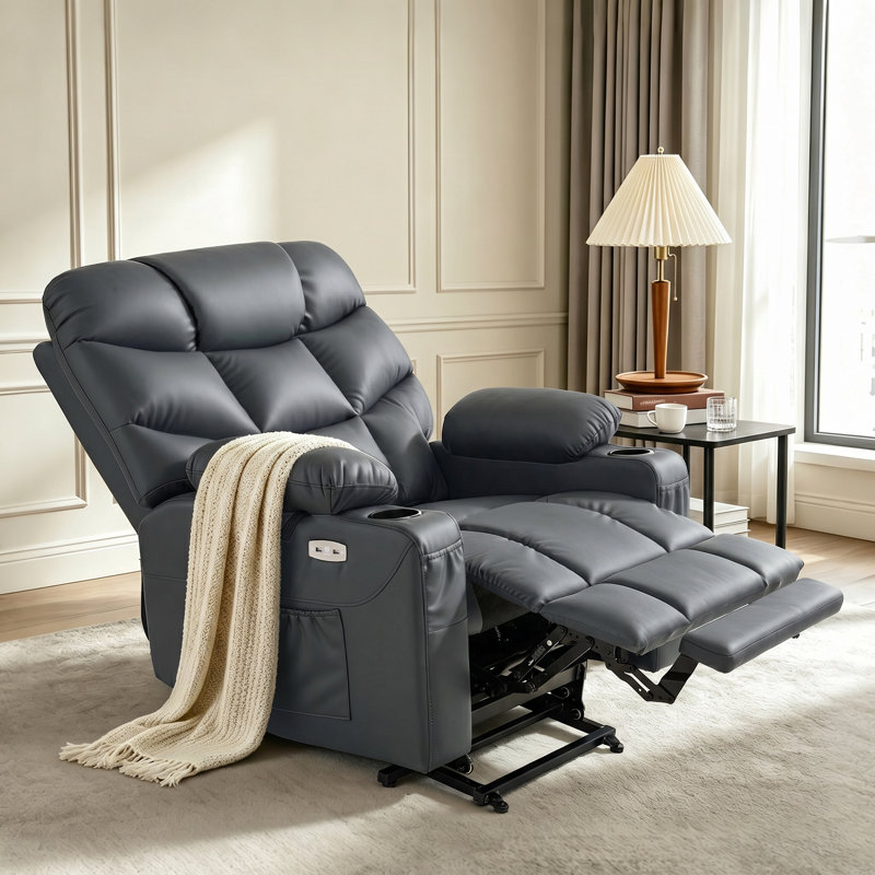 Latise Wide Power Recliner Lift Chair with Extended Footrest, Faux Leather, Dark Gray 100% Polyester