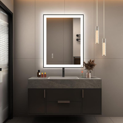Miroir de salle de bain à DEL 28 po x 20 po avec éclairage avant et rétroéclairé, antibuée, 3 couleurs et lumière à intensité variable, verre trempé