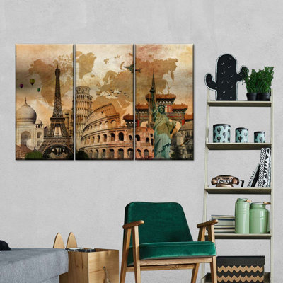 «Rustic Landmark World Map», reproduction sur toile