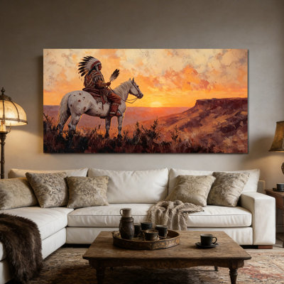 Art amérindien sur toile, Indian Heritage Sunset Horse, reproduction de plume, reproduction d'art sur toile prête à être accrochée pour le bureau de la chambre à coucher, 20 po x 40 po