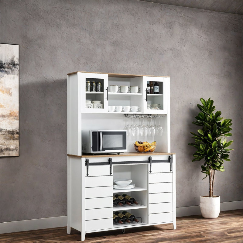 Coffee Bar Cabinet With Sliding Barn Doors, White